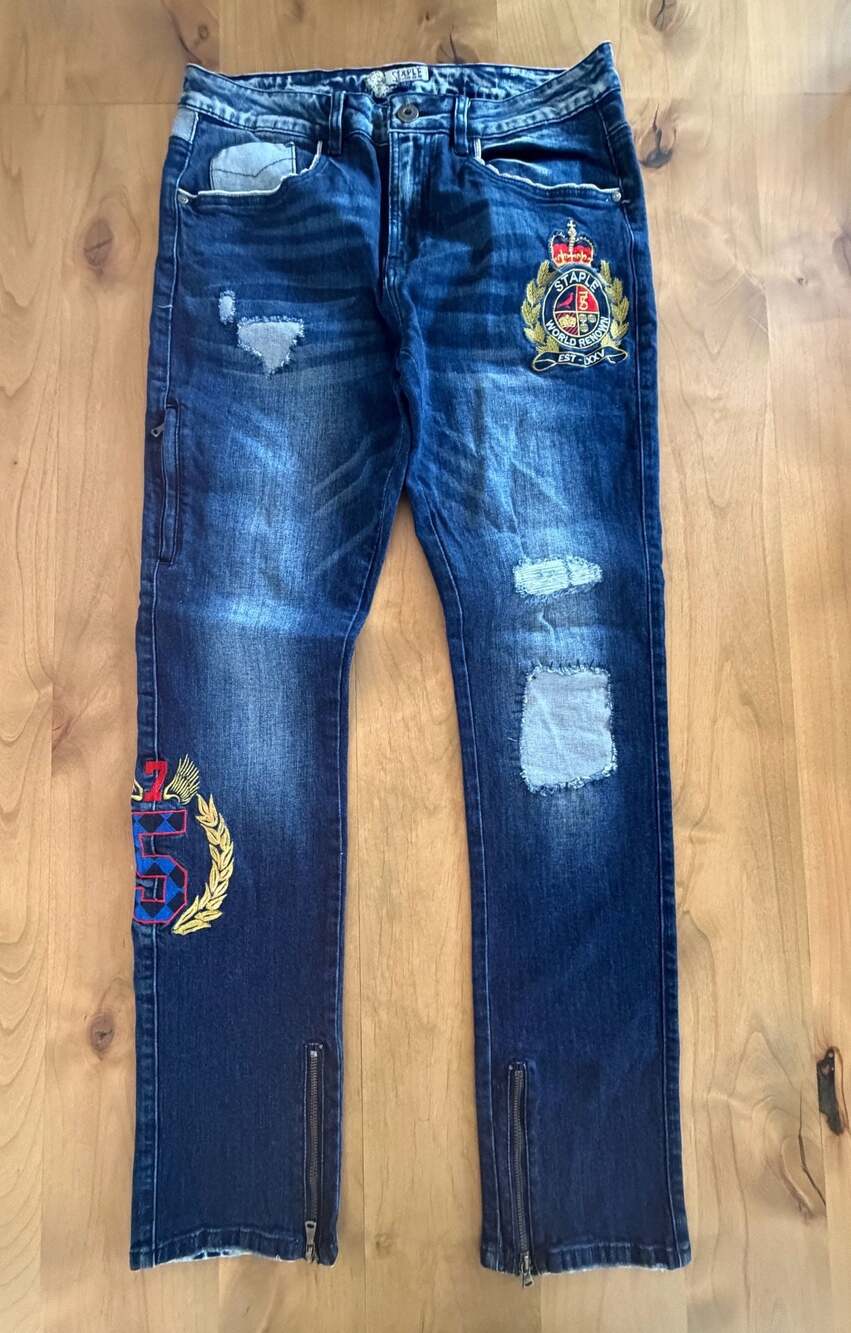 Staple Pigeon Brand World Renown Embroidered Distressed Jeans, Size 32